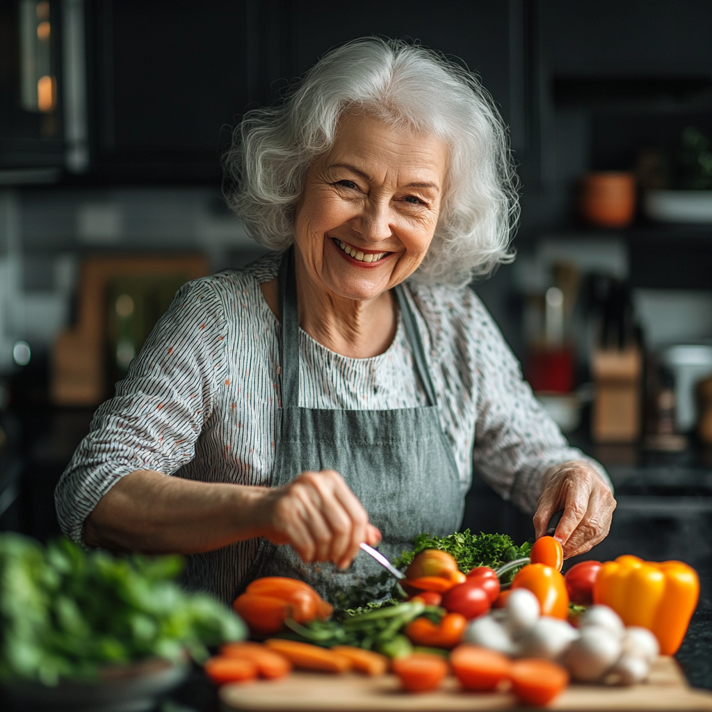 Щаслива жінка готує здорову їжу на кухні з овочами та фруктами
