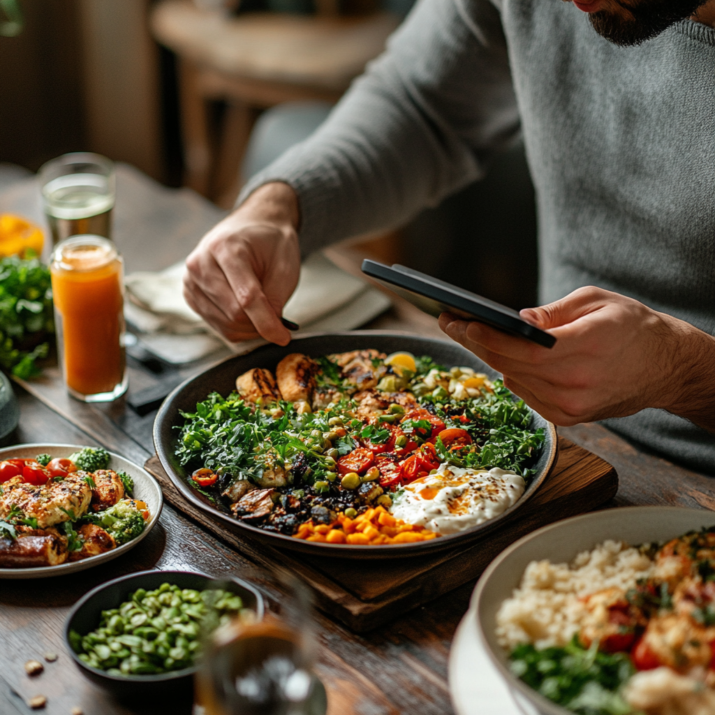 Людина з планшетом переглядає персоналізоване меню з різними здоровими стравами